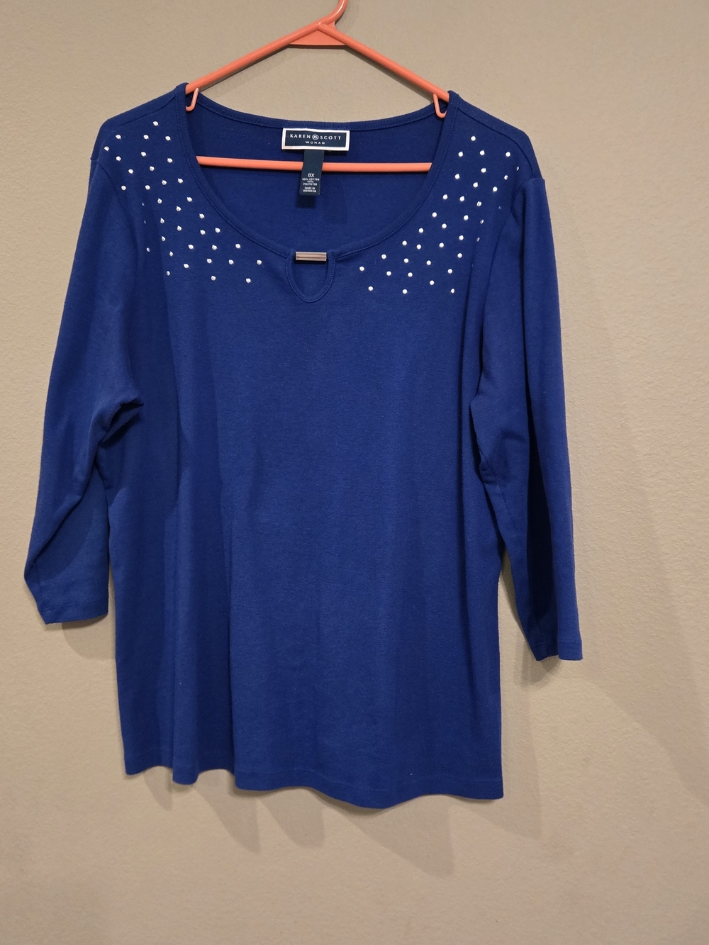 Karen Scott Cobalt Blue Scoop Neck Long Sleeve Top with Rhinestone Accents